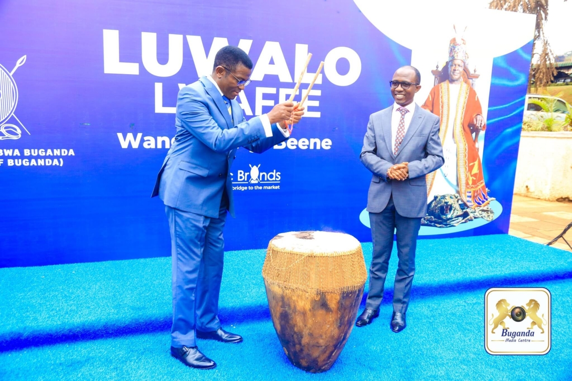 Katikkiro Mayiga (left) beats the drum as Minister Kawuki looks on at the luwalo lwaffe 2025 launch Katikkiro Mayiga (left) beats the drum as Minister Kawuki looks on at the luwalo lwaffe 2025 launch